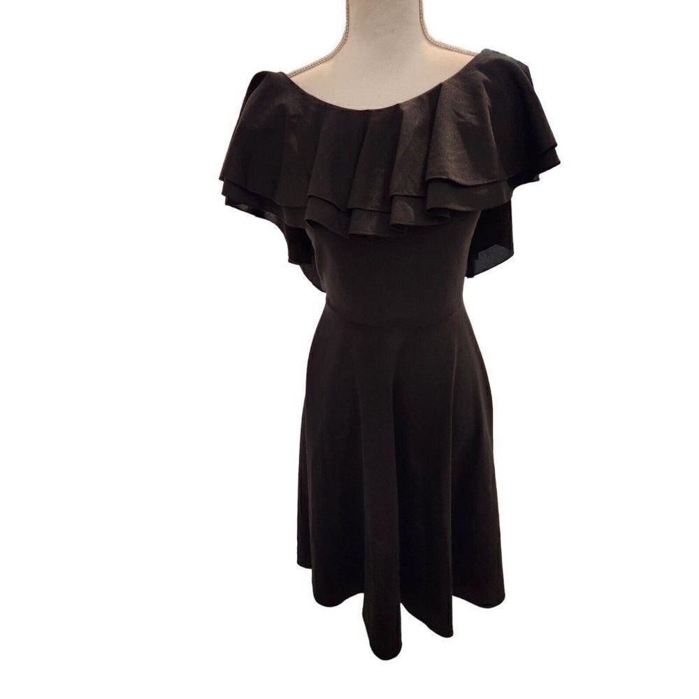 Vintage 70s Black Polyester Full Flounce Neckline Sleeveless Dress S Disco Dance